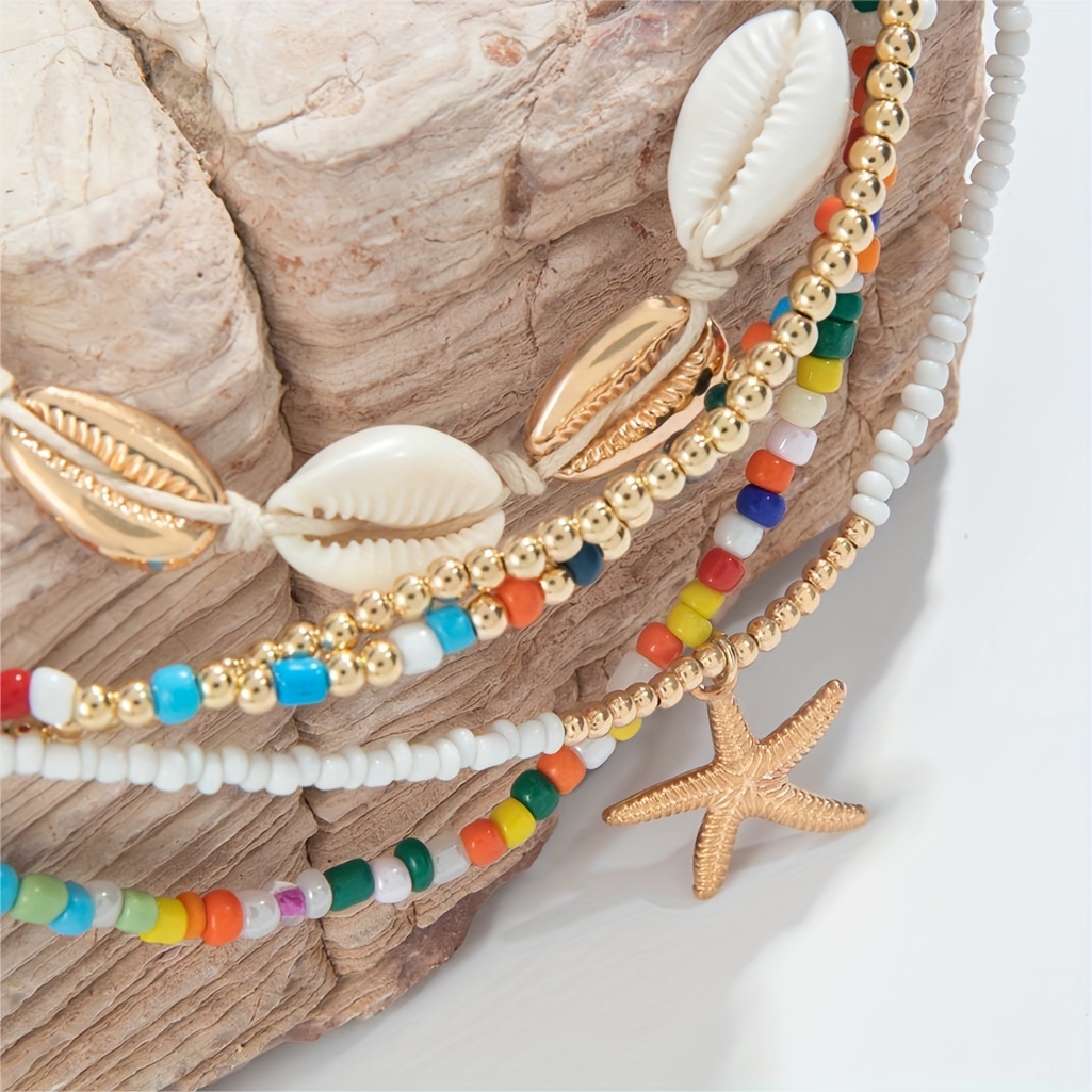 5pcs Starfish Necklace Set & Colorful Bead String Necklace for Ramadan